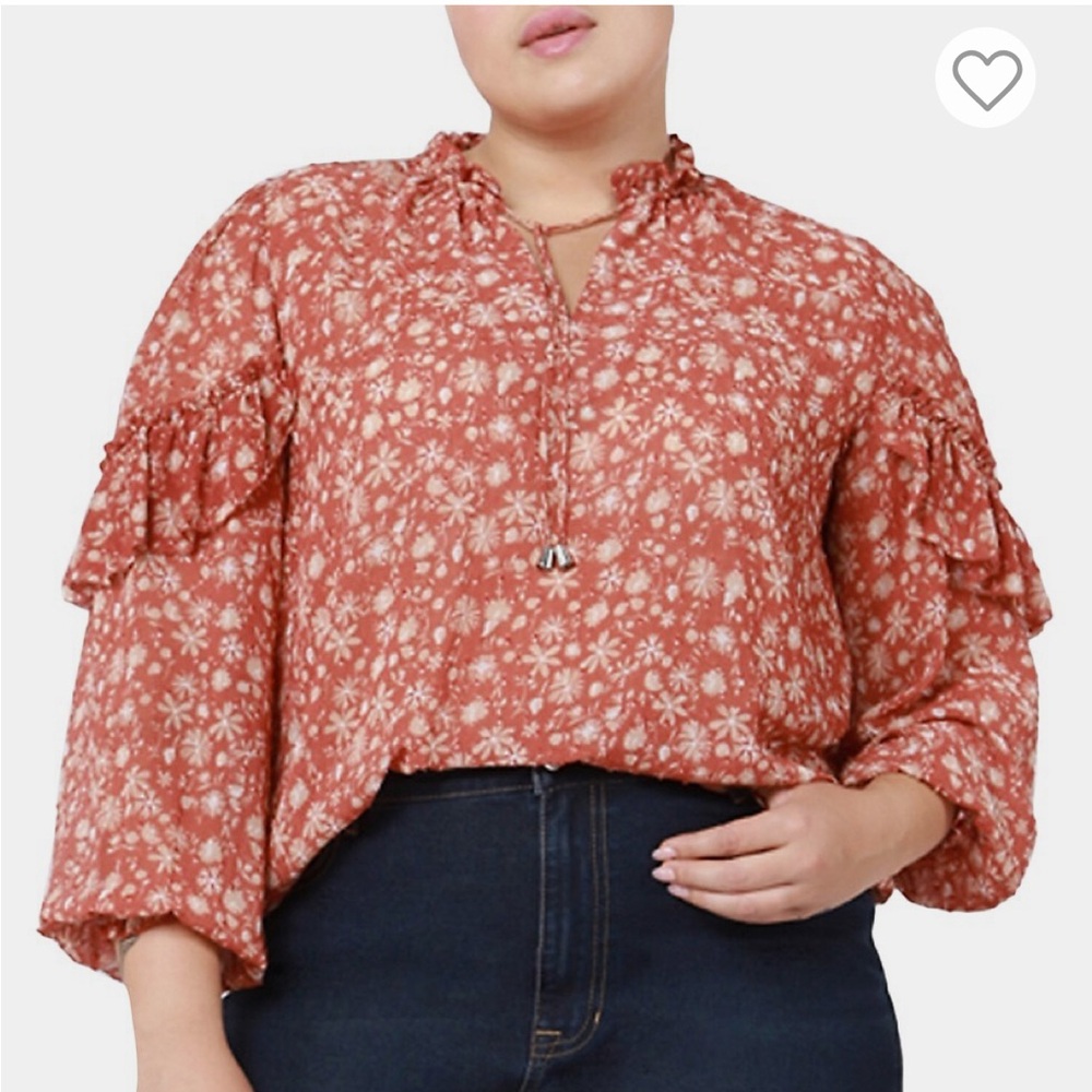 Dex burnt orange and cream flowered peasant blouse with ruffles & bishop sleeves